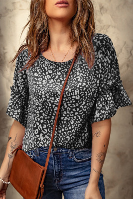 Black Leopard Spotted Ruffle Sleeve T-Shirt