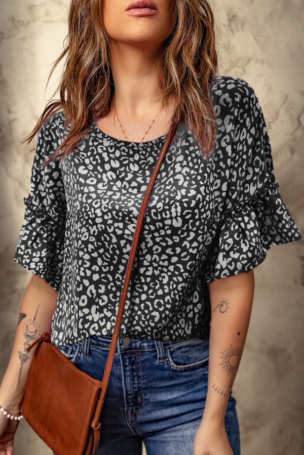 Black Leopard Spotted Ruffle Sleeve T-Shirt