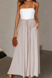 Plain Elastic Drawstring Waist Pockets Wide Leg Pants