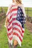 Multicolor Plus Size American Flag Tasseled 3/4 Sleeve Cardigan