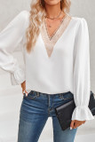 Plain V Neck Lace Edge Puffy Blouse