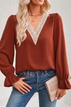 Plain V Neck Lace Edge Puffy Blouse