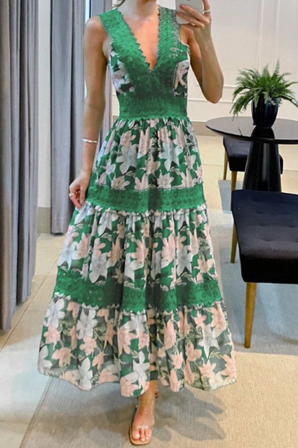 Sleeveless Lace Crochet Floral Maxi Dress
