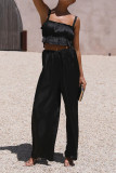 Plain Ruched Cami Crop Top With Wide Leg Pants 2pcs Set