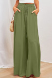 Plain Elastic Drawstring Waist Pockets Wide Leg Pants