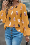 Feather Print Puff Sleeves Top