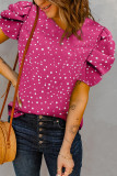 Rose Polka Dot Print Crewneck Ruched Puff Sleeve Top