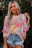 Pink Shirred Cuff 3/4 Sleeve Loose Fit Floral Blouse