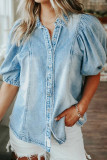 Sky Blue Distressed Bubble Sleeve Denim Shirt