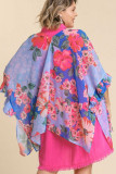 Sky Blue Floral Print Ruffled 3/4 Sleeve Loose Fit Kimono