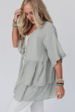Green Ruffled Trim Half Sleeve Open Front Kimono
