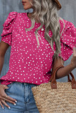 Rose Polka Dot Print Crewneck Ruched Puff Sleeve Top
