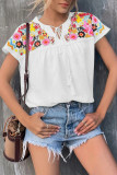 Plain Split Collar Embroidery Floral Blouse