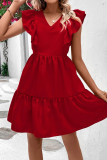 Red V Neck Ruffles Backless Dress
