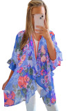Sky Blue Floral Print Ruffled 3/4 Sleeve Loose Fit Kimono