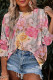 Pink Shirred Cuff 3/4 Sleeve Loose Fit Floral Blouse