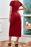 Plain V Neck Buttoned Front Split Maxi Dress