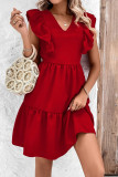 Red V Neck Ruffles Backless Dress