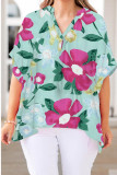 Green Floral V Neck Half Sleeve Plus Size Blouse