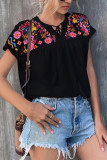 Plain Split Collar Embroidery Floral Blouse