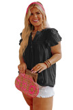 Black Crochet Split V Neck Ruffle Sleeve Plus Size Blouse