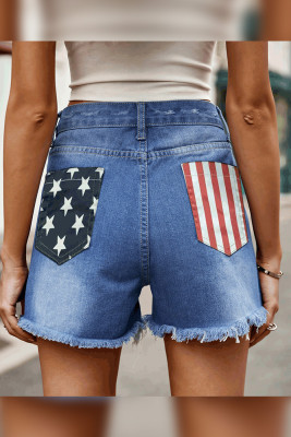 American Flag Print Pockets Stressed Denim Shorts