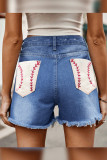 American Flag Print Pockets Stressed Denim Shorts
