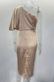 Plain One Shoulder Ruched Silky Midi Dress