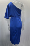 Plain One Shoulder Ruched Silky Midi Dress