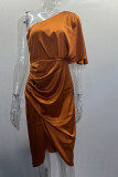 Plain One Shoulder Ruched Silky Midi Dress