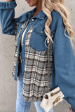 Plaid Splicing Open Button Denim Jacket