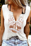 White Nashville MUSIC CIty & Guitar Print Notch V-Neck Button Tank Top