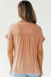 Khaki Crinkle Roll Short Sleeve Henley Button Blouse