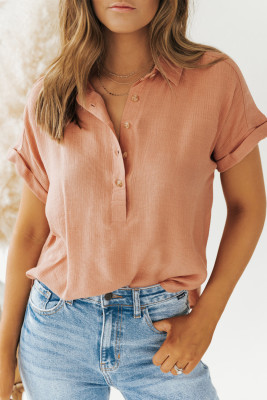 Khaki Crinkle Roll Short Sleeve Henley Button Blouse