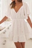 Plain Buttoned Split Collar Lace Splicing Swing Dress