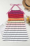 Striped Print Smocked Halter Open Back Fit Flare Dress