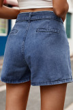 Blue Wash Pockets Denim Shorts With Sash
