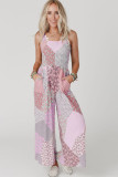 Pink Irregular Patchwork Print Smocked Wide Leg Jumpsuit