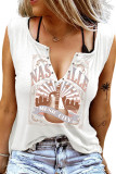 White Nashville MUSIC CIty & Guitar Print Notch V-Neck Button Tank Top
