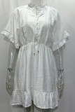 Plain Buttoned Split Collar Lace Splicing Swing Dress