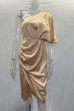 Plain One Shoulder Ruched Silky Midi Dress