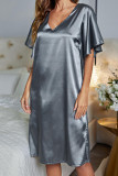 V Neck Ruffle Satin Night Dress