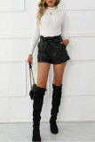 Black PU Pockets Shorts With Sash