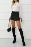 Black PU Pockets Shorts With Sash