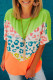 Green Color Block Leopard Waffle Knit Patchwork T-Shirt