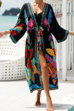 Colorblock Printing Beach Cover Up Kimono