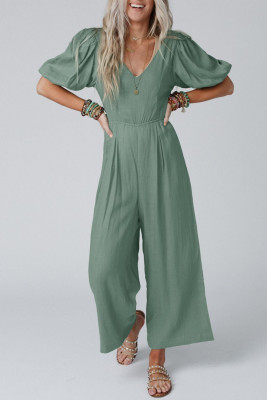 Green V Neck Puff Sleeve Hollow out Wide Leg Jumpsuit