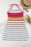 Striped Print Smocked Halter Open Back Fit Flare Dress