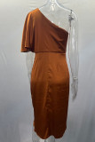 Plain One Shoulder Ruched Silky Midi Dress