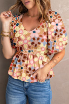 Apricot Boho Flower Print Puff Sleeve Peplum Top